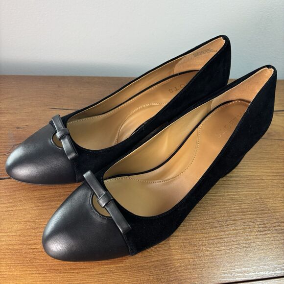 Talbots Isa Cut Out Pumps Black Suede Block Heel Size 8.5 Bows Classic Old Money - Picture 3 of 12